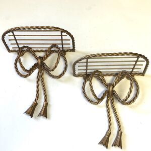 Vtg Home Interiors Twisted Rope Metal Decor Shelf Big Bow With Tassels Set Of 2